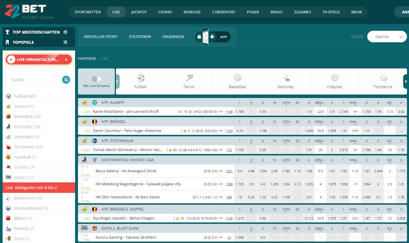 22bet Live-Wetten