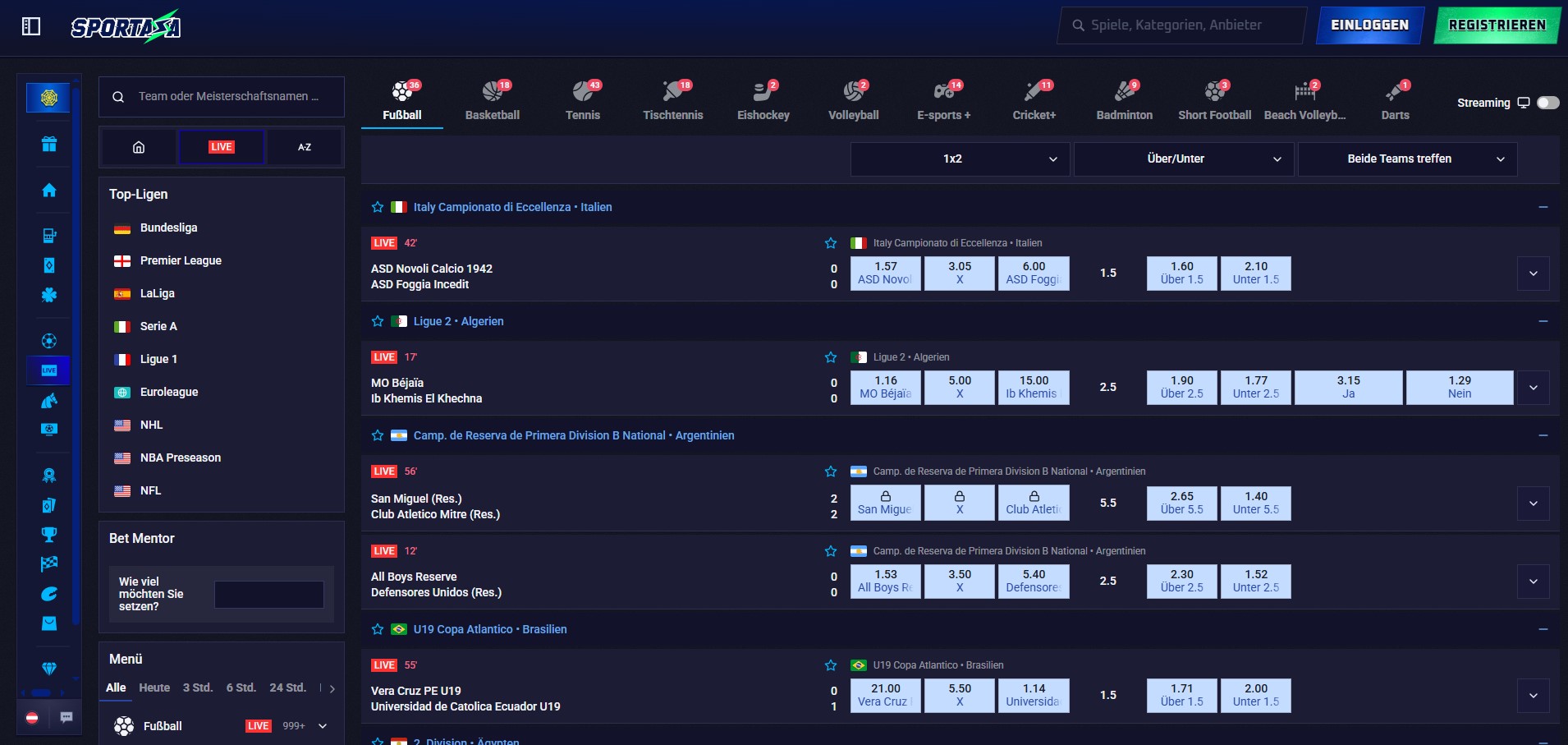 Sportaza Live-Wetten