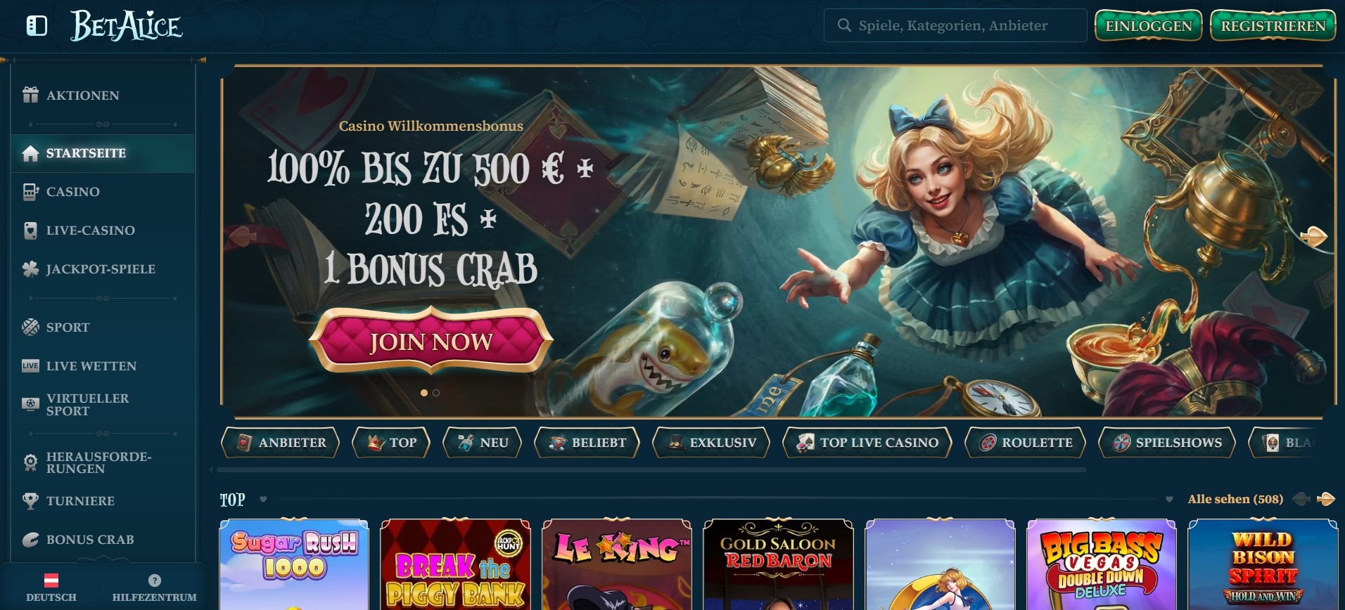BetAlice Casino Homepage
