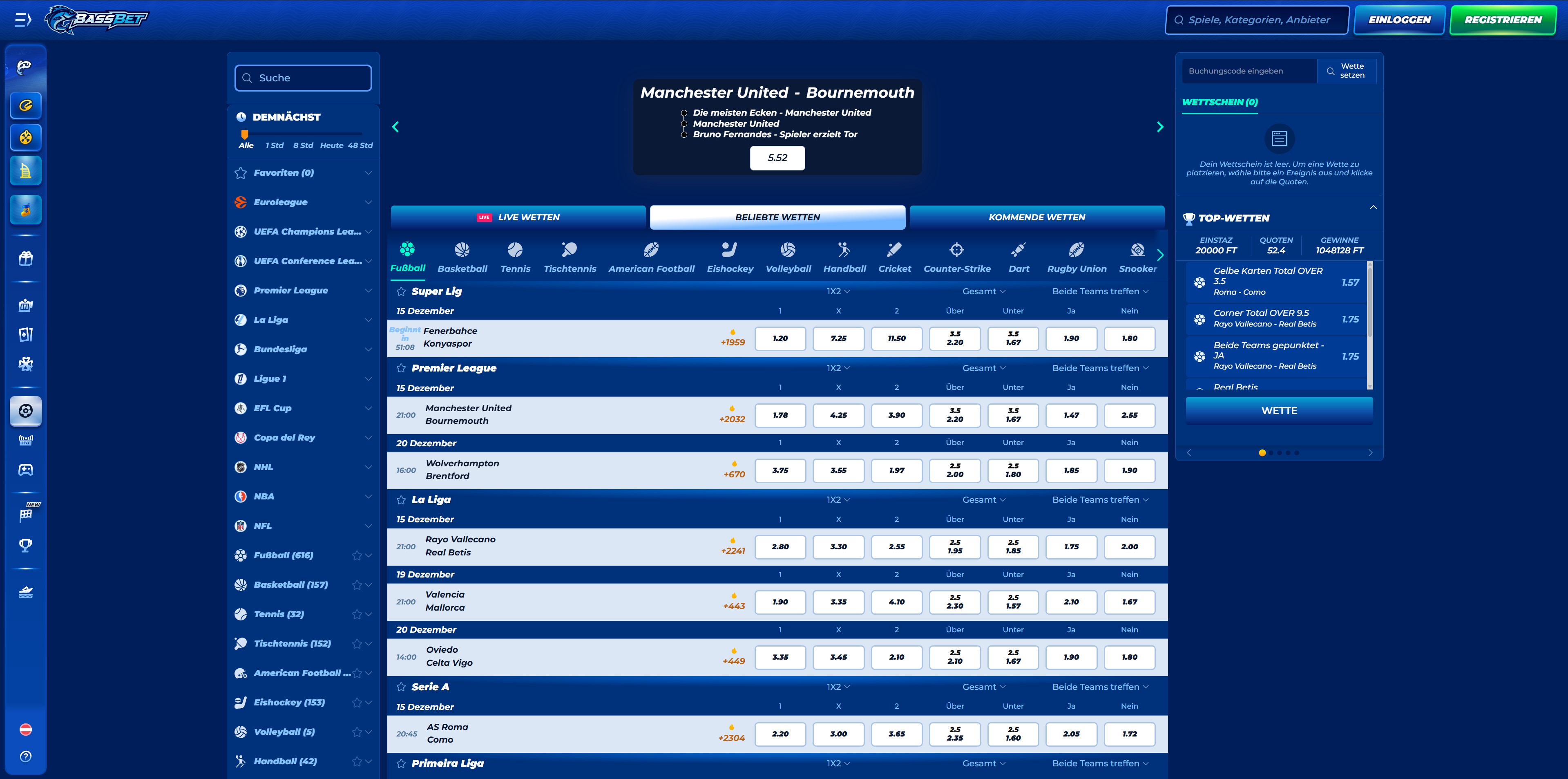 Bassbet Sportwetten-Bereich
