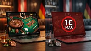 Split-Screen-Vergleich: Links ein Laptop mit vollem Online-Casino-Interface – Roulette-Tisch, Live-Dealer und Pokerchips, österreichische Flagge im Hintergrund. Rechts derselbe Laptop in Rot mit einem „1€ MAX"-Sperrschild auf dem Bildschirm, deutsche Flagge im Hintergrund. Symbolisiert den Unterschied zwischen freiem Spiel in Österreich und dem Einsatzlimit in Deutschland.